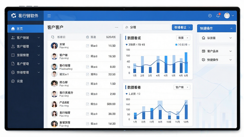 易行销软件主界面展示,左侧功能导航栏,中间客户列表与数据看板,右侧快捷操作面板,整体采用蓝白商务风格,界面清晰整洁,图标精致,数据图表直观,画质高清,干净,无多余元素