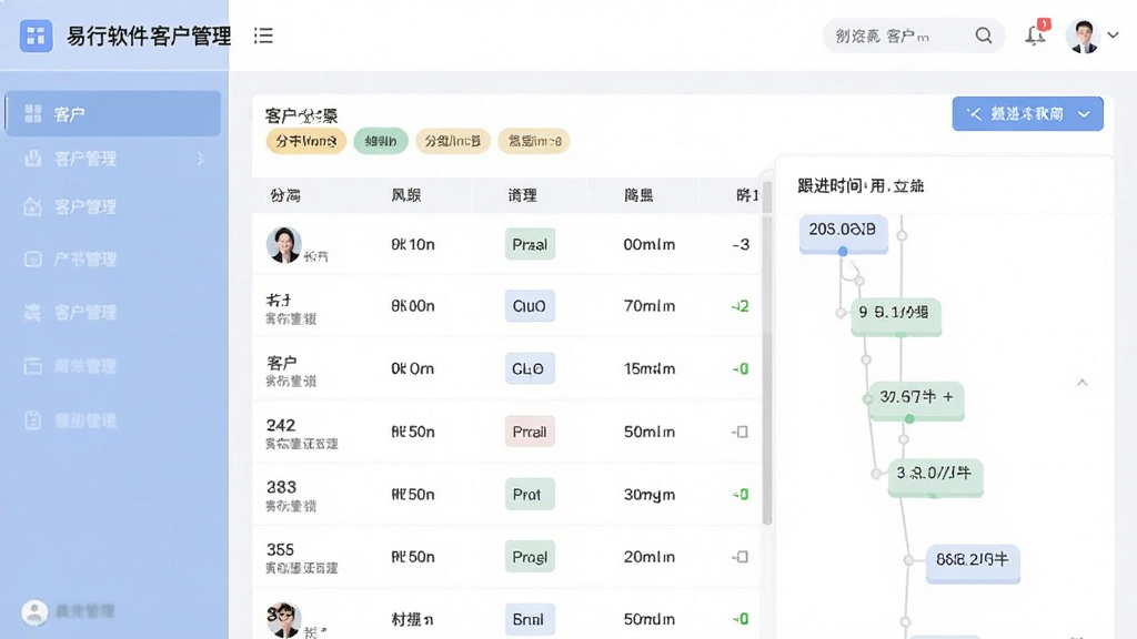 易行销软件客户管理界面,显示客户列表、分组标签、跟进时间轴,界面布局合理,色彩柔和,数据清晰,画质细腻,干净,无多余元素
