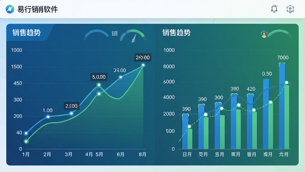 易行销软件数据报表界面,折线图与柱状图展示销售趋势,仪表盘风格,蓝绿配色,数据标注清晰,背景简洁,画质高清,干净,无多余元素