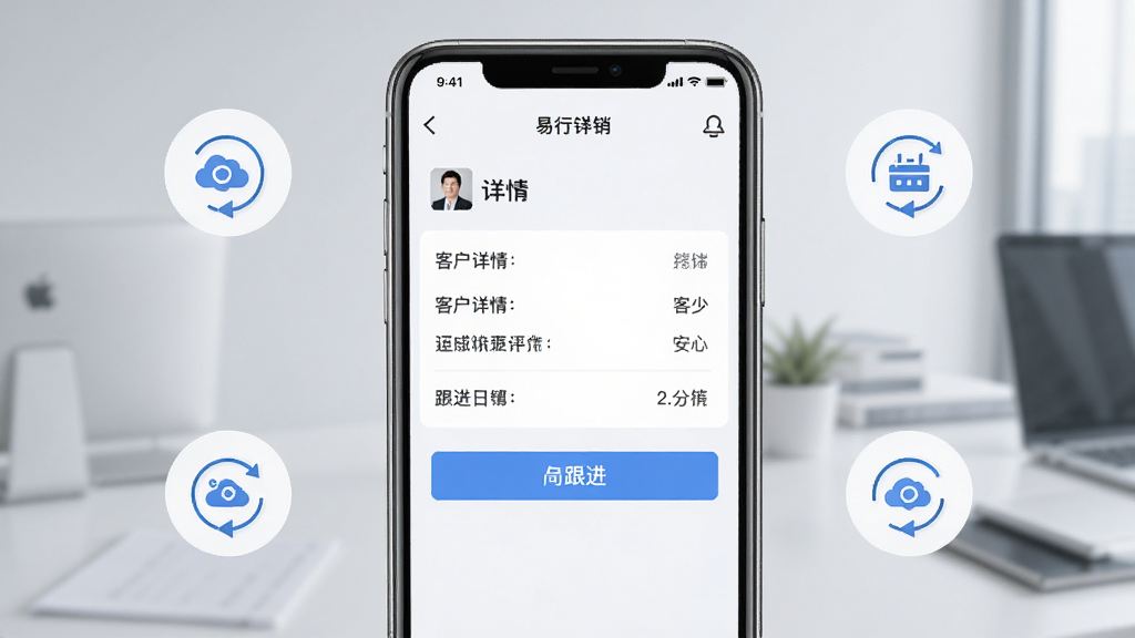 易行销软件手机端界面,展示客户详情与跟进按钮,手机模型居中,周围有数据同步图标,简洁商务风,画质高清,无多余元素