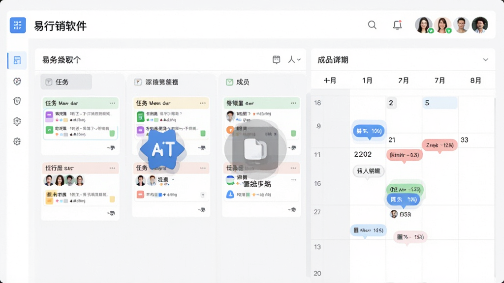 易行销软件团队协作界面,显示任务看板、日程表、成员头像,协作图标明显,界面现代感强,浅色背景,画质干净,无多余元素