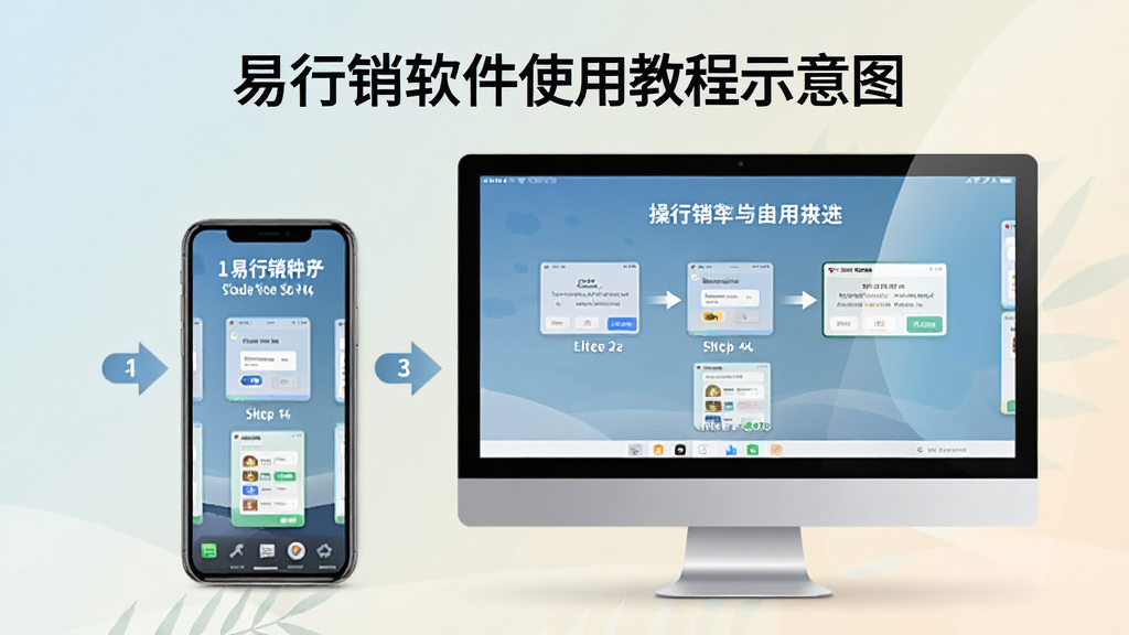 易行销软件使用教程示意图,手机与电脑并排显示,操作步骤标注清晰,背景淡雅,画质高清,干净,无多余元素