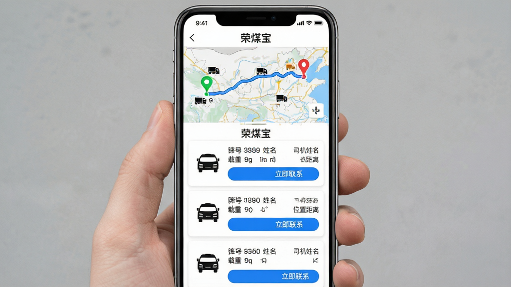 ���壺�ֻ�����չʾ��ú��App�����г�ҳ�棬����Ϊ��ͼ·�߹滮ͼ���·�Ϊƥ�䵽�ĳ����б���ÿ������ʾ���ƺš�˾�����������ء�λ�þ��롣���֣��Ϸ���ͼռ��Ļ40%���·��б�ռ60%����ͼ������ɫ������ɫ�յ��ǡ��Ű棺������Ϣ�Ժ���Ƭ���У���೵��ͼ�꣬�Ҳ�������Ϣ���ײ��С�������ϵ����ť��������¼�࣬����Ϊ��ɫ����ͼʹ�ñ�׼��ɫ����ťΪ��ɫ��ϸ�ڣ���Ļ����ʾ����ú������������ͼ����ú̿����Сͼ�꣬���ʸ��壬�޶���Ԫ�ء�