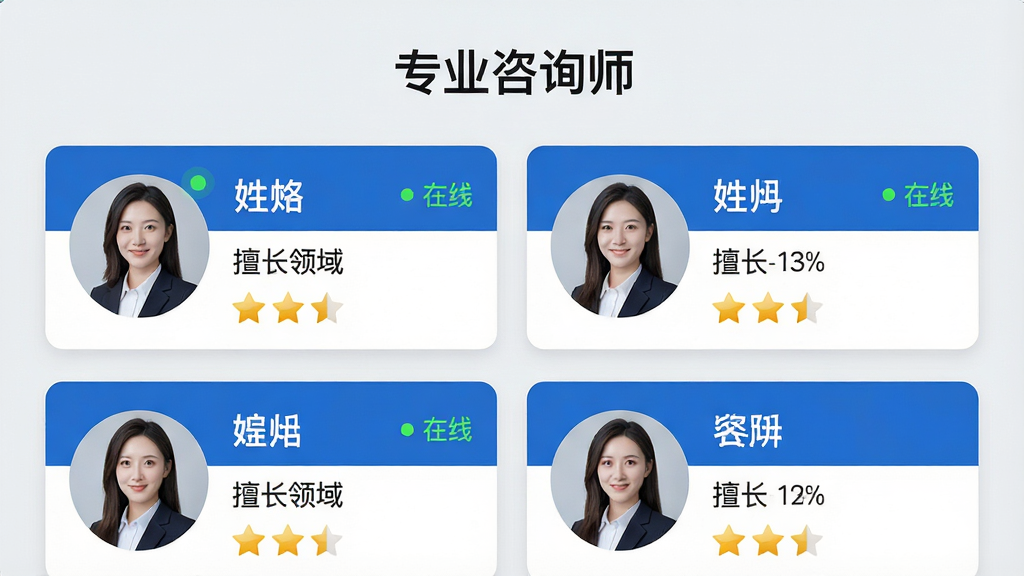 ���壺�������APP����ѯʦ�б�ҳ�棬������ʾ��רҵ��ѯʦ�����⣬�·��Ǽ�λ��ѯʦ�Ŀ�Ƭͷ��ͼ�顣���֣�ҳ������б�ʽ���֣�ÿ����Ƭ����ͷ���������ó���������֡��Ű棺������У���Ƭ�������У�����Ϊǳ��ɫ�������������ͷ��ʹ����ʵְҵ�գ�ɫ������ɫ�Ͱ�ɫΪ����ϸ�ڣ�ͷ�����С����ߡ��̵��ʶ�������ý�ɫ������ʾ�����ʸ��壬�ɾ��޶���Ԫ�ء�