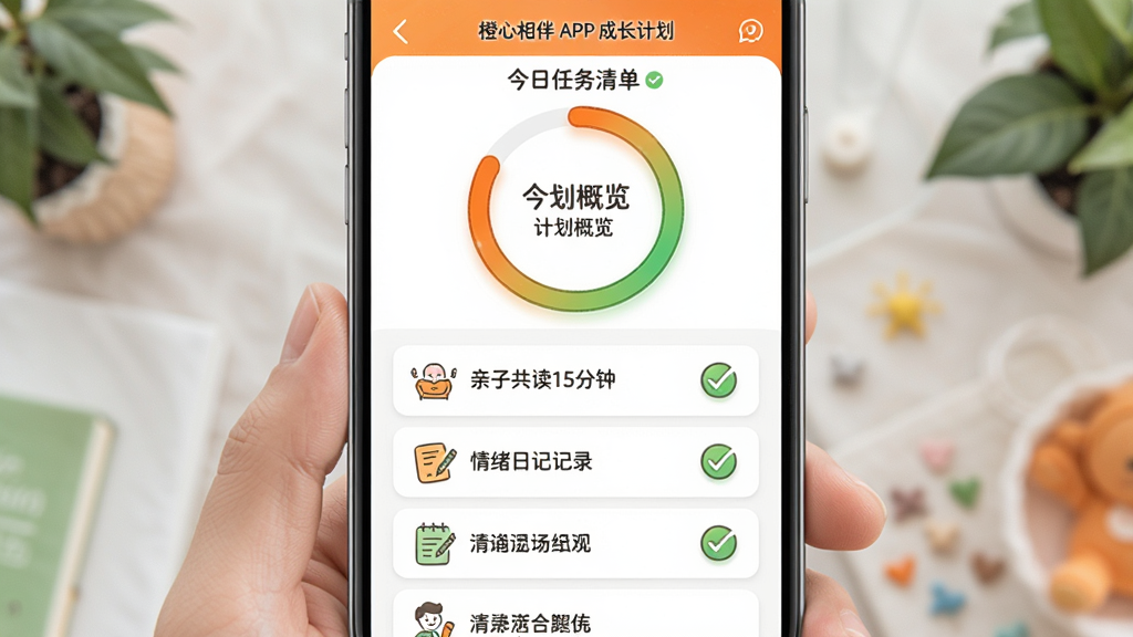 ���壺�������APP�ĳɳ��ƻ�ҳ�棬��ʾһ�����ν���ͼ���ͽ��������嵥�����֣��Ϸ��Ǽƻ��������·��Ǿ���������б����硰���ӹ���15���ӡ����������ռǼ�¼���ȡ��Ű棺����ͼ���У������嵥�Կ�Ƭ��ʽ�������С�������»��ã�ʹ�ó�ɫ����ɫ��Ϊ��ɫ����ͼ���ֻ���ϸ�ڣ�������ɺ��жԹ��������������н���ɫ�ʣ�����ϸ�壬�ɾ��޶���Ԫ�ء�