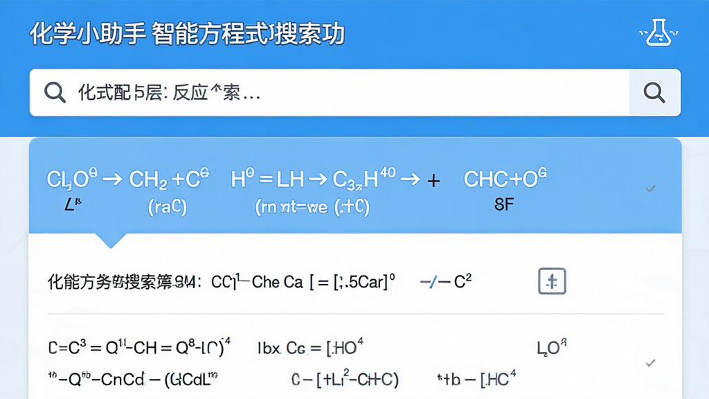一张展示化学小助手智能方程式搜索功能的界面截图,主体为搜索结果页面,显示配平后的化学方程式及反应条件,布局为上下结构,上方搜索框,下方结果列表,风格为清晰明亮的UI设计,细节展示反应箭头、状态符号,画质干净,无多余元素