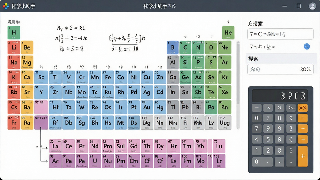 一张展示化学小助手软件核心界面的高清图片,主体为软件主界面,包含元素周期表、方程式搜索框、计算器模块,布局清晰,左中右三栏式设计,排版整洁,风格为现代扁平化UI,细节展示图标与数据,画质清晰,干净无多余元素