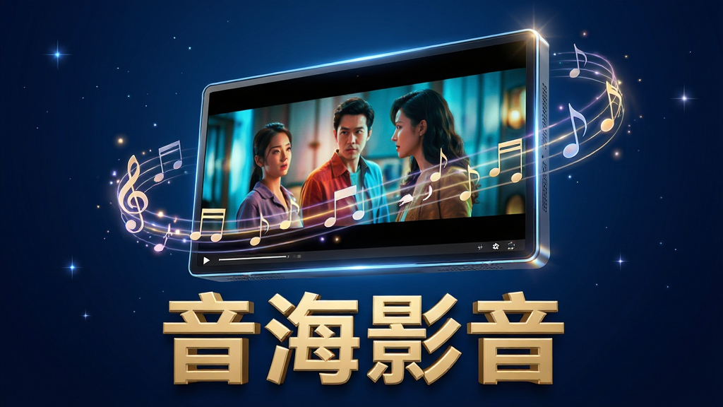 主体:音海影音软件界面展示,一台悬浮在空中的高清显示设备,屏幕正播放着色彩鲜艳的电影画面,周围环绕着音符和光影特效。布局:居中构图,设备作为视觉焦点,背景为深蓝色科技感渐变,四周有细微的星光点缀。排版:画面干净,主体突出,文字“音海影音”以立体金色字体放置在屏幕下方。风格:现代科技感,高清渲染,写实与数字艺术结合。细节:设备边缘有发光线条,光影折射效果明显,画质:8K超清,干净,无多余元素。