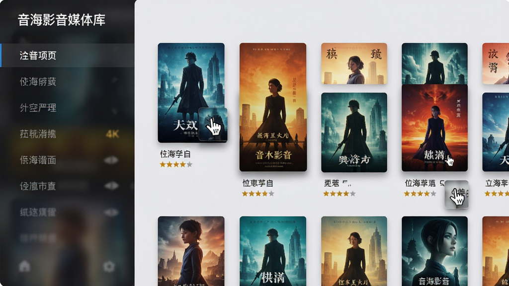 主体:音海影音媒体库界面,屏幕上展示着整齐排列的电影海报墙,每张海报下方显示片名和评分,左侧为分类侧边栏。布局:左右结构,左侧栏为深色半透明,右侧海报墙为网格排列,背景为浅灰色。排版:海报卡片大小统一,间距均匀,视觉舒适。风格:扁平化设计,色彩鲜艳,界面干净。细节:海报边缘有微弱投影,鼠标悬停位置有放大效果。画质:4K清晰,干净,无多余元素。