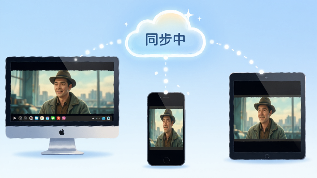 主体:三台不同设备(电脑、手机、平板)呈弧形排列,屏幕中显示同一部电影的相同画面,中间有云朵图标连接三台设备,云朵上标有“同步中”字样。布局:三台设备均匀分布,云朵位于中央上方,背景为浅蓝色渐变。排版:设备大小对比明显,突出移动端。风格:插画风格,色彩柔和。细节:设备屏幕均有画面细节,云朵带有发光效果。画质:高清,干净,无多余元素。