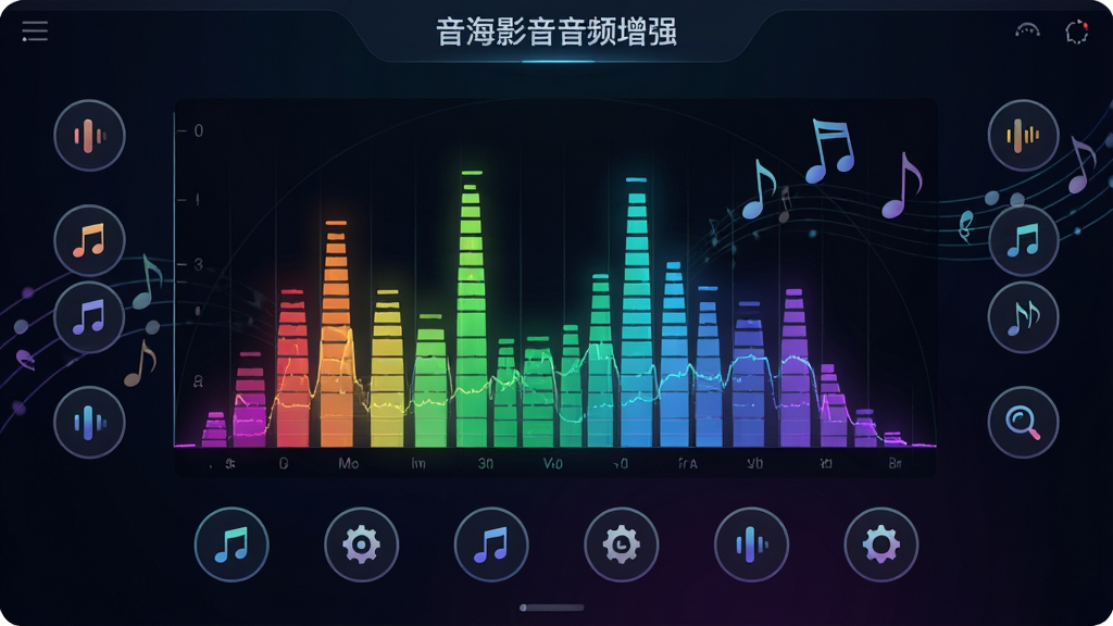 主体:音海影音音频增强界面,中央为均衡器频谱图,彩色频段柱状图动态起伏,背景为深色渐变。布局:频谱图占据中央,周围环绕各类音效模式圆形图标。排版:频谱图清晰,图标整齐排列。风格:科技感,动态视觉效果。细节:频段柱状图有发光效果,背景有音符飘动。画质:高清,干净,无多余元素。