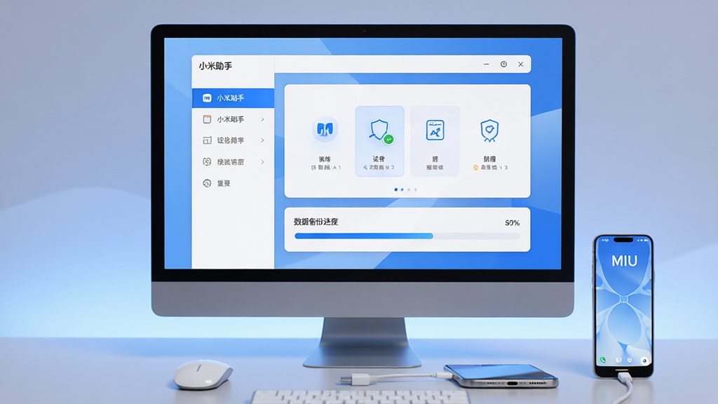 主体:小米助手软件在电脑屏幕上的界面展示,界面风格为MIUI系统的简约白蓝配色,布局清晰。 布局:电脑屏幕居中,屏幕内显示“小米助手”主界面,左侧为功能导航栏,右侧为设备连接状态图,下方为数据备份进度条。 排版:屏幕界面采用左右分栏式排版,功能图标整齐排列,整体视觉重心平稳。 风格:科技感、现代化、扁平化设计,光线柔和,带有淡淡的蓝色渐变背景。 细节:屏幕下方鼠标和手机数据线连接,手机屏幕亮起显示MIUI系统,表示连接成功。 画质:高清渲染,干净整洁,无多余元素,突出“小米助手”品牌字样。