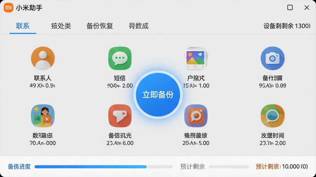 主体:小米助手软件的“备份与恢复”功能界面截图,界面中央有一个醒目的圆形“立即备份”按钮。 布局:界面顶部为功能标签栏,中间为数据分类图标,包括联系人、短信、照片等,底部为备份进度条和预计剩余时间。 排版:图标采用2x4网格排列,每个图标下方有中文名称和数据类型说明,整体排版规整。 风格:清爽的浅灰色背景搭配蓝色高亮按钮,扁平化设计风格,具有科技感。 细节:备份按钮周围有微弱的发光效果,数据分类图标生动形象,界面右上角显示设备剩余存储空间。 画质:高分辨率UI设计图,细节丰富,画面干净,无多余元素,突出“小米助手”品牌字样。