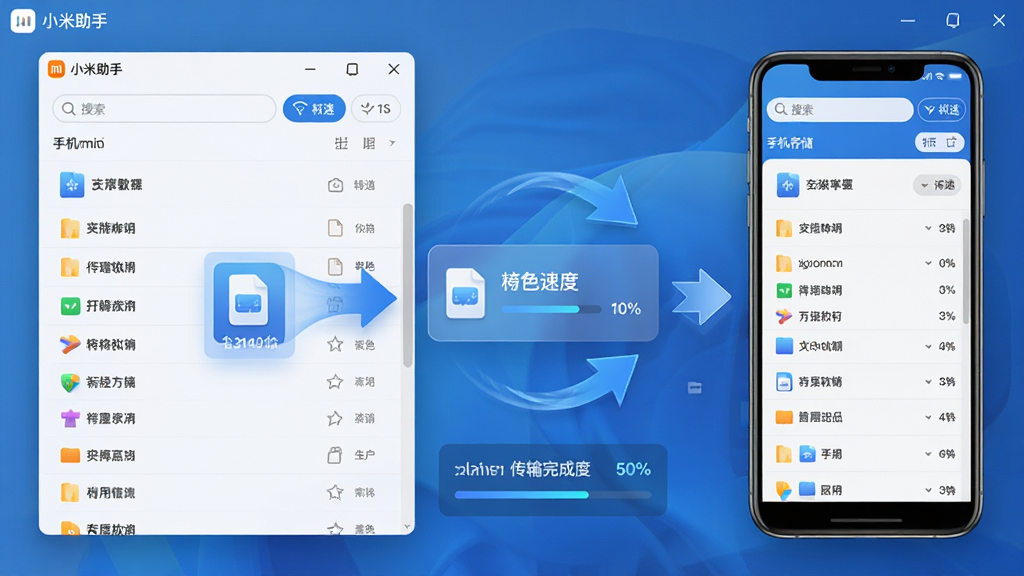 主体:小米助手文件管理界面,左侧为电脑本地文件窗口,右侧为手机存储文件窗口,中间有双向箭头指示传输方向。 布局:双窗口并排布局,中间为数据传输状态动画区域,显示文件名称和传输速度。 排版:左右两侧文件列表均采用列表视图,文件类型用不同颜色的小图标区分,顶部有搜索框和筛选按钮。 风格:简约商务风格,蓝白主色调,界面通透清晰,光影效果真实。 细节:拖拽中的文件带有半透明效果,传输箭头动态流动,底部显示传输完成度百分比。 画质:高质量UI渲染,无多余元素,清晰展示“小米助手”软件名称。