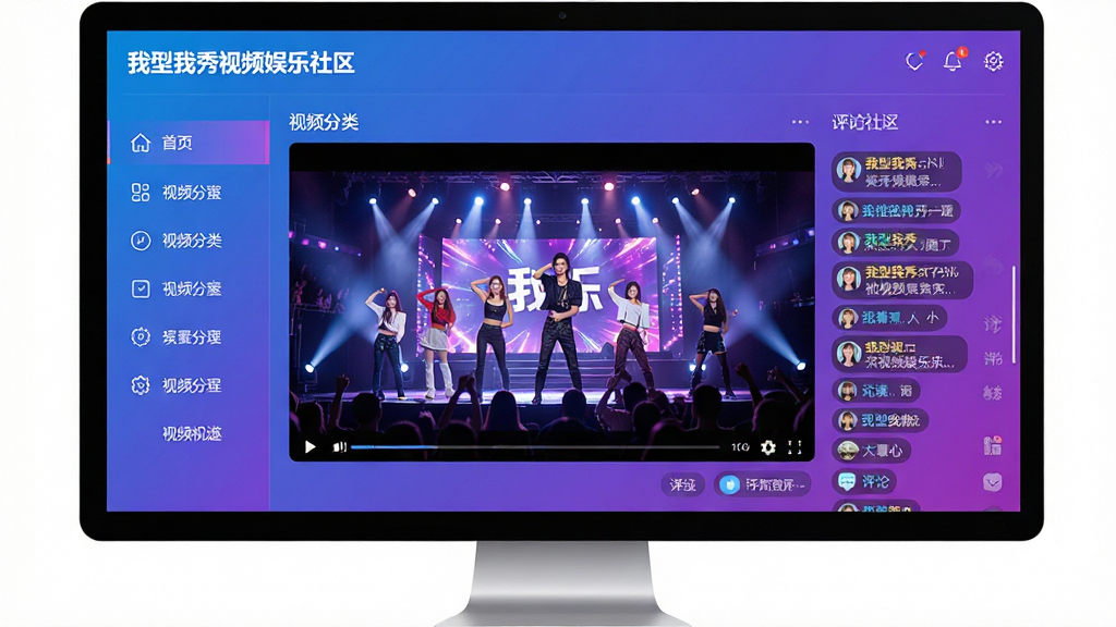 主体:一款名为“我型我秀视频娱乐社区”的电脑软件界面,展示在宽屏显示器上。布局:界面左侧为清晰的视频分类导航栏,中间主区域播放着绚丽的舞台表演视频,右侧为实时滚动的社区互动弹幕和评论列表。排版:界面各功能区块划分明确,色彩搭配活泼明亮,以蓝紫色渐变为主色调。风格:现代、时尚、充满活力,体现娱乐社区氛围。细节:视频画面清晰,弹幕文字样式丰富,导航栏图标精致。画质:高清,干净,无多余元素。