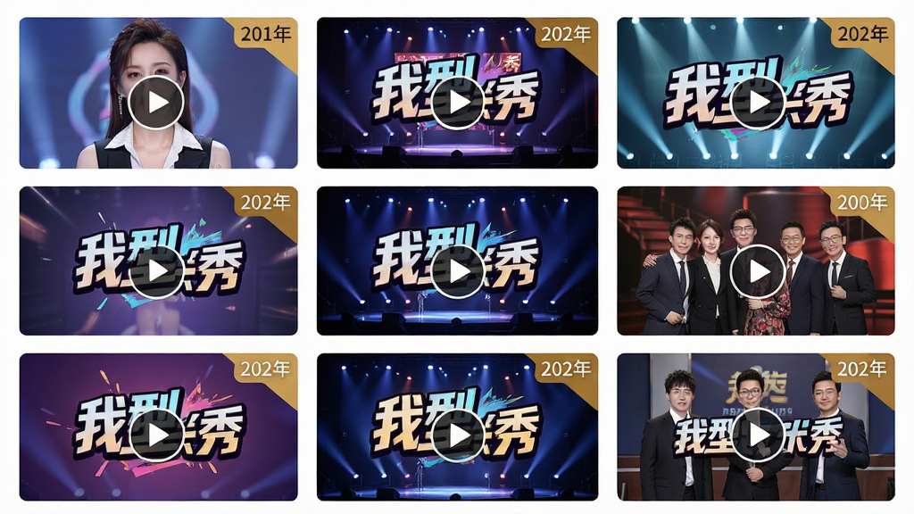 主体:“我型我秀视频娱乐社区”软件内容库界面截图。布局:网格状展示多个视频封面,每个封面都印有醒目的“我型我秀”Logo和不同年份的角标。排版:封面排列整齐,鼠标悬停处有播放按钮浮现。风格:整洁、直观,具有强烈的资料馆气息。细节:封面风格各异,有选手写真、舞台全景、导师合影等。画质:高清,干净,无多余元素。