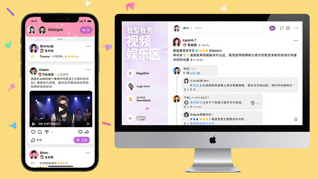 主体:“我型我秀视频娱乐社区”内的互动社区板块预览。布局:手机与电脑双屏展示,左侧手机屏幕显示信息流帖子,右侧电脑屏幕展示详细的帖子评论区。排版:信息流中穿插用户头像、昵称、内容摘要和互动按钮。风格:年轻化、社交化,充满UGC社区的活跃气息。细节:帖子内容包含文字、图片和视频链接,评论区层级分明。画质:高清,干净,无多余元素。