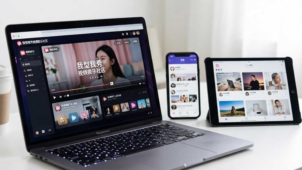 主体:用户正在多设备上使用“我型我秀视频娱乐社区”。布局:前景是一台笔记本电脑,屏幕上是软件播放界面,背景有一部手机和一个平板电脑,同样打开着该软件的不同页面。排版:设备摆放错落有致,画面聚焦于笔记本屏幕。风格:生活化场景,体现多端同步的便捷性。细节:笔记本键盘有背光,手机屏幕上显示社区信息流,平板显示个人中心页面。画质:高清,光线明亮,干净,无多余元素。
