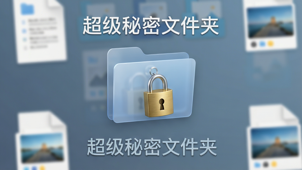 一幅现代简约风格的电脑桌面截图,画面中央是一个半透明的文件夹图标,上面挂着一把金色的小锁,周围散落着几个模糊的文档和图片文件,背景是干净的蓝灰色渐变,整体排版居中,风格简洁明了,细节上突出锁的质感和文件夹的立体感,画质高清干净,无多余元素,图片上需标注文字