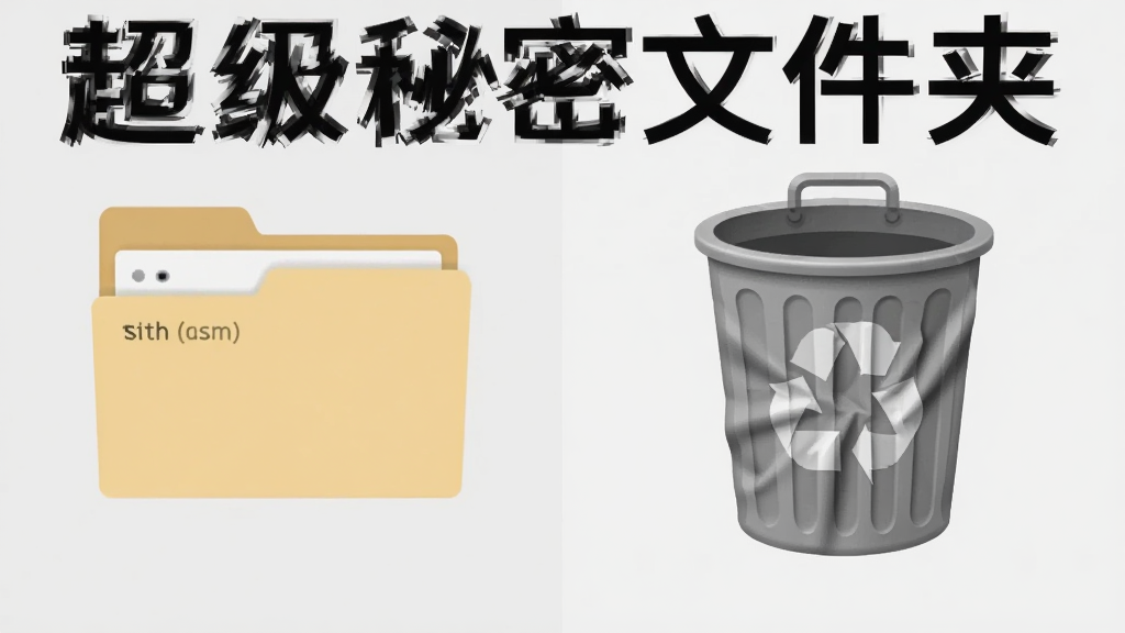一幅展示文件夹伪装效果的对比图,左边是一个普通文件夹图标,右边则是一个伪装成回收站样式的图标,两个图标并排摆放,背景为干净的浅灰色,整体风格扁平化,细节上突出回收站图标的褶皱纹理和普通文件夹的标签颜色,画质清晰干净,无多余元素,图片上需标注文字