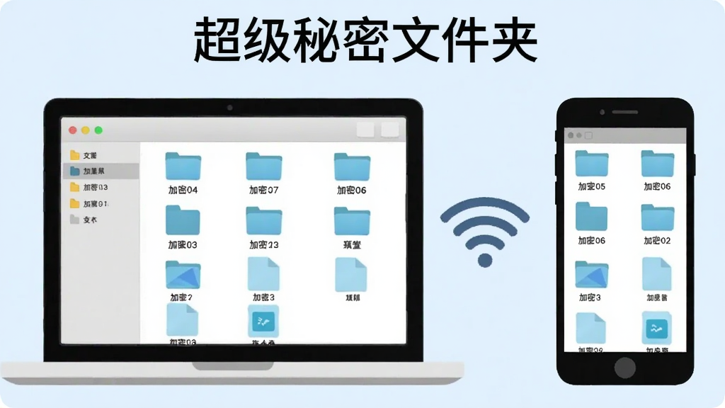 一幅展示手机与电脑无线连接的示意图,画面左侧是一台笔记本电脑,屏幕中显示加密文件夹列表,右侧是一部手机,屏幕上显示相同的文件列表,中间有Wi-Fi信号图标连接,背景为浅蓝色,整体风格简约扁平,细节上突出屏幕中的文件图标和Wi-Fi符号,画质清晰干净,无多余元素,图片上需标注文字