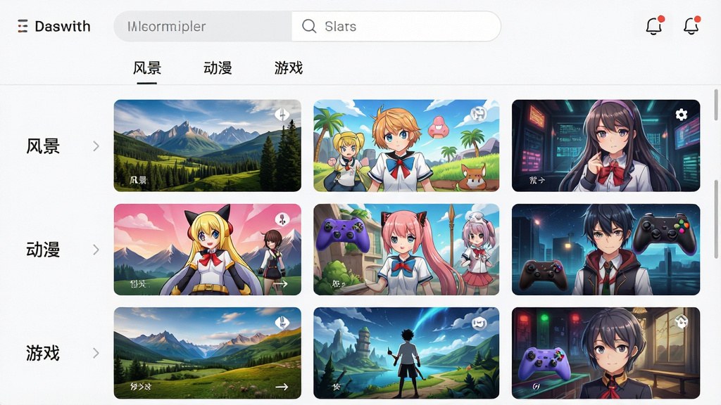 主体:墙纸千百变软件壁纸库界面,展示多个分类的壁纸缩略图。布局:界面顶部为搜索栏和分类标签,下方为网格状壁纸预览。排版:左侧显示“风景”、“动漫”、“游戏”等分类名称,右侧为对应壁纸。风格:界面整洁,现代感强。细节:壁纸缩略图清晰,色彩丰富,包含自然风景和动漫人物。画质:高清,干净,无多余元素。