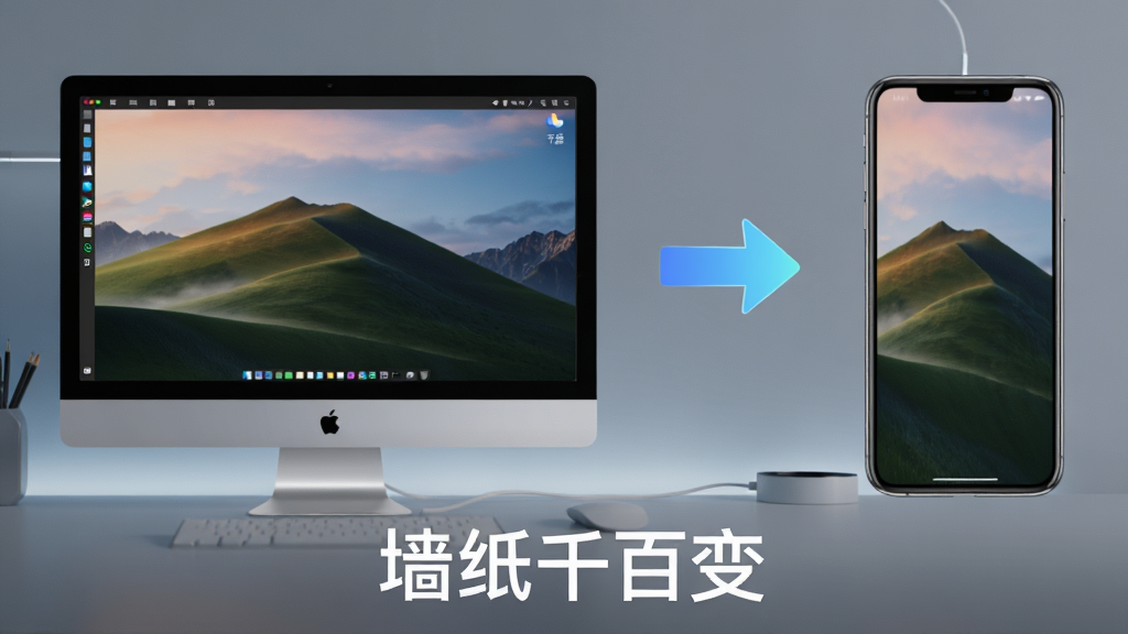 主体:手机和电脑同时使用墙纸千百变软件,展示跨设备同步壁纸。布局:左侧为电脑屏幕,右侧为手机屏幕,中间有同步箭头。排版:画面下方有“墙纸千百变”字样。风格:现代科技感。细节:电脑和手机屏幕均显示同一张风景壁纸。画质:高清,干净,无多余元素。