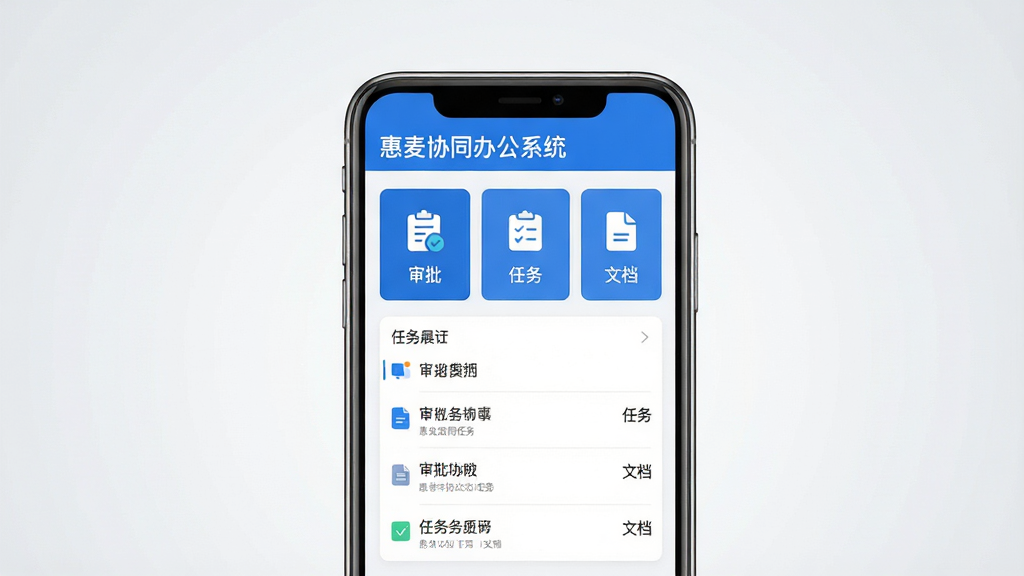 主体:惠麦协同办公系统主界面展示,手机屏幕中显示清晰的菜单图标和任务列表。布局:居中构图,手机位于画面中央,背景为干净的浅灰色渐变。排版:界面中图标排列整齐,文字标签清晰可见。风格:现代商务风,扁平化设计,色彩以蓝色和白色为主。细节:屏幕中显示“审批”“任务”“文档”等模块图标,顶部有“惠麦协同办公系统”字样。画质:8K超清,干净,无多余元素。