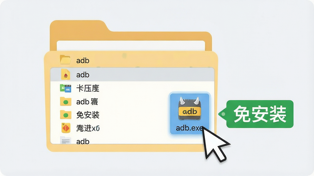 一张示意图,主体是文件夹中解压后的adb工具包文件列表,鼠标指向adb.exe文件,旁边有“免安装”绿色标签,布局简洁,扁平化风格,浅色背景,细节清晰,画质干净,无多余元素