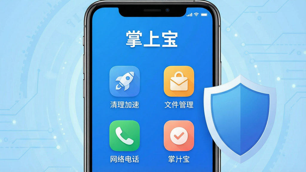 主体:智能手机屏幕中显示“掌上宝”应用界面,界面内有清理加速、文件管理、网络电话等图标,手机旁放置着象征安全与稳定的盾牌图标。布局:手机位于画面正中央,盾牌图标在手机右侧,背景为淡蓝色的科技感渐变,整体采用中心构图。排版:界面布局清晰,功能图标整齐排列,背景干净,无多余文字。风格:现代扁平化设计风格,色彩明快,以蓝色和白色为主色调。细节:手机屏幕中“掌上宝”字样清晰可见,图标细节丰富,光影效果自然。画质:4K超清,干净,无多余元素。