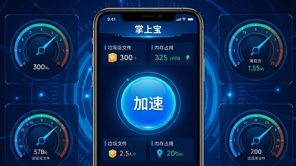 主体:手机屏幕展示“掌上宝”的清理加速界面,中央有大型加速按钮,周围显示垃圾文件、内存占用等数据仪表盘。布局:手机位于画面中央,背景为深蓝色科技感光效,数据仪表盘围绕手机分布。排版:界面数据可视化呈现,仪表盘设计富有科技感,按钮醒目。风格:炫酷科技风格,色彩以深蓝和亮蓝为主,突出性能感。细节:“掌上宝”字样出现在界面顶部,仪表盘指针和数字细节丰富。画质:超清,干净,无多余元素。