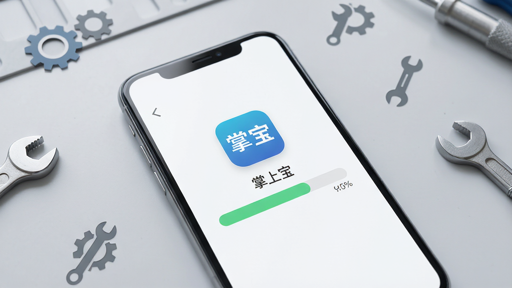 主体:一部智能手机正在安装“掌上宝”应用,屏幕显示安装进度条,背景有齿轮和工具图标。布局:手机位于画面中央,背景为浅灰色工作台,工具图标分布在手机周围。排版:安装界面简洁明了,进度条醒目。风格:写实风格,色彩柔和,突出实用感。细节:手机屏幕中“掌上宝”图标清晰可见,进度条带有百分比数字。画质:高清,干净,无多余元素。