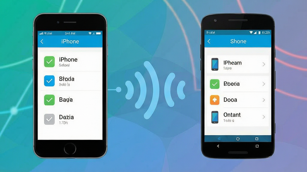 һ��չʾ��ת�Ƶ���׿��һ��Ǩ�ƹ��ܵ�ʾ��ͼ����������̨�ֻ���iPhone�Ͱ�׿�ֻ���ͨ�������ź����ӣ���Ļ����ʾ��ѡ�������͵Ľ��棬�������ҶԳƣ�����ƽ����ͼ����������ɫ������ϸ�ڷḻ�����ʸɾ����޶���Ԫ��