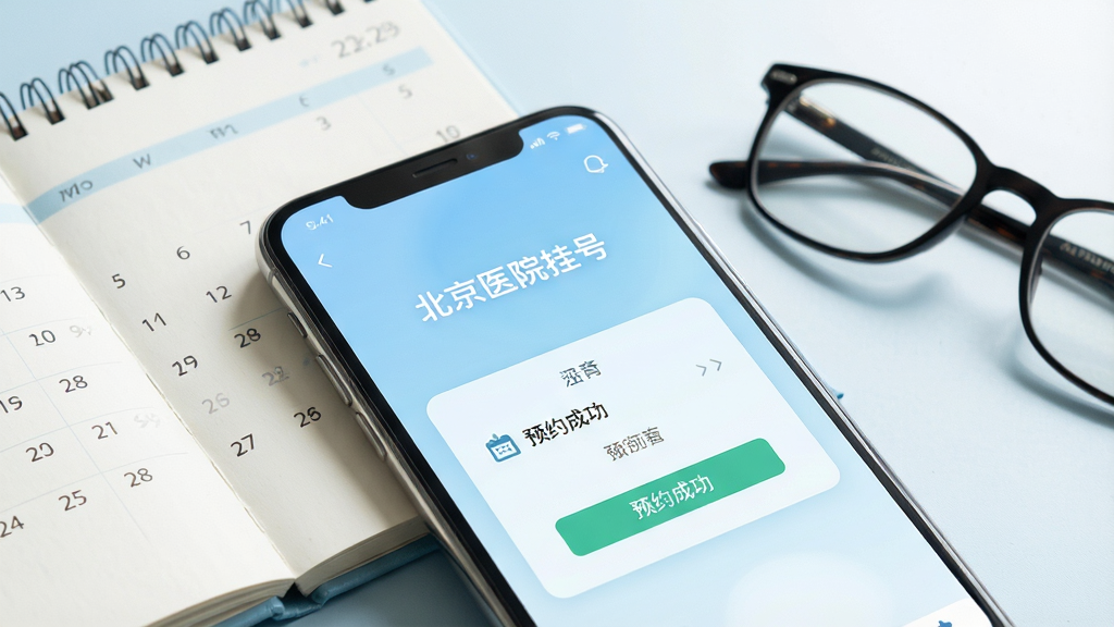 一张智能手机屏幕特写,屏幕内清晰显示“北京医院挂号”APP的预约成功界面,背景为柔和的浅蓝色渐变,画面干净明亮,手机旁边放置着一本打开的日历和一副眼镜,整体布局简洁,风格写实且充满现代医疗科技感,画质高清,细节丰富,无多余元素