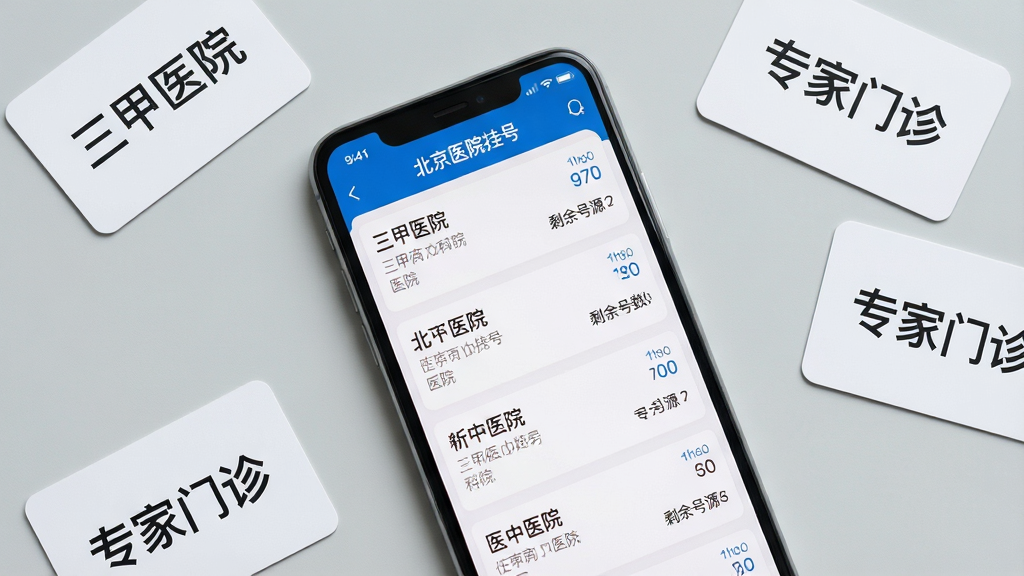 一张俯视拍摄的智能手机使用场景,屏幕显示“北京医院挂号”APP的医院列表页面,列表项清晰展示医院名称、科室与剩余号源数,手机周围散落着几张小卡片,卡片上印有“三甲医院”、“专家门诊”等字样,背景为浅灰色桌面,整体风格干净整洁,构图清晰,画质高清,无多余元素