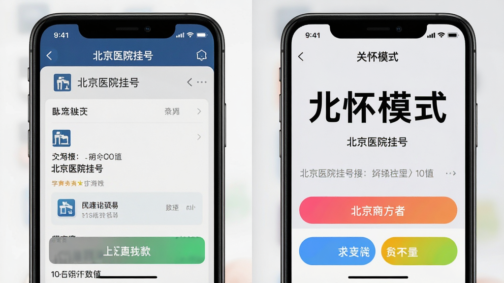 一张手机截图对比图,左侧为普通模式的“北京医院挂号”首页,右侧为“关怀模式”的首页,右侧字体明显变大且按钮色彩更鲜艳,背景为浅灰色,画风清晰直观,画质高清,无多余元素