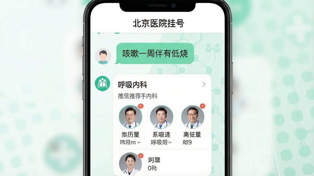 一个简洁的AI对话式界面截图,界面顶部显示“北京医院挂号”APP名称,中间为对话框,用户输入“咳嗽一周伴有低烧”,系统回复推荐“呼吸内科”并列出几位医生头像与简介,背景为白色与浅绿色相间的医疗风格,画面明确,设计现代,画质高清,无多余元素