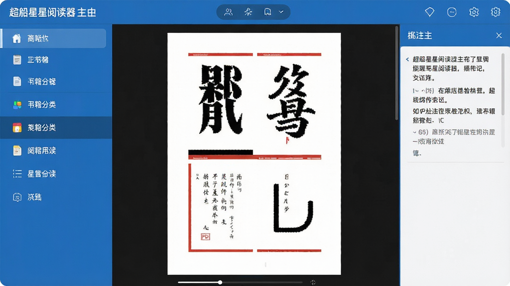 超星阅读器主界面展示,左侧为书籍分类导航栏,中间为高清PDF阅读区域,右侧为批注笔记面板,整体布局简洁明了,蓝色主题色调,界面干净清爽,画质清晰,无多余元素