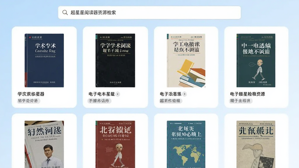 超星阅读器资源检索界面,顶部为搜索框,下方展示多本电子书封面缩略图,包括学术专著和期刊,界面采用卡片式布局,配色以淡蓝色和白色为主,风格简约现代,画质清晰,无多余元素
