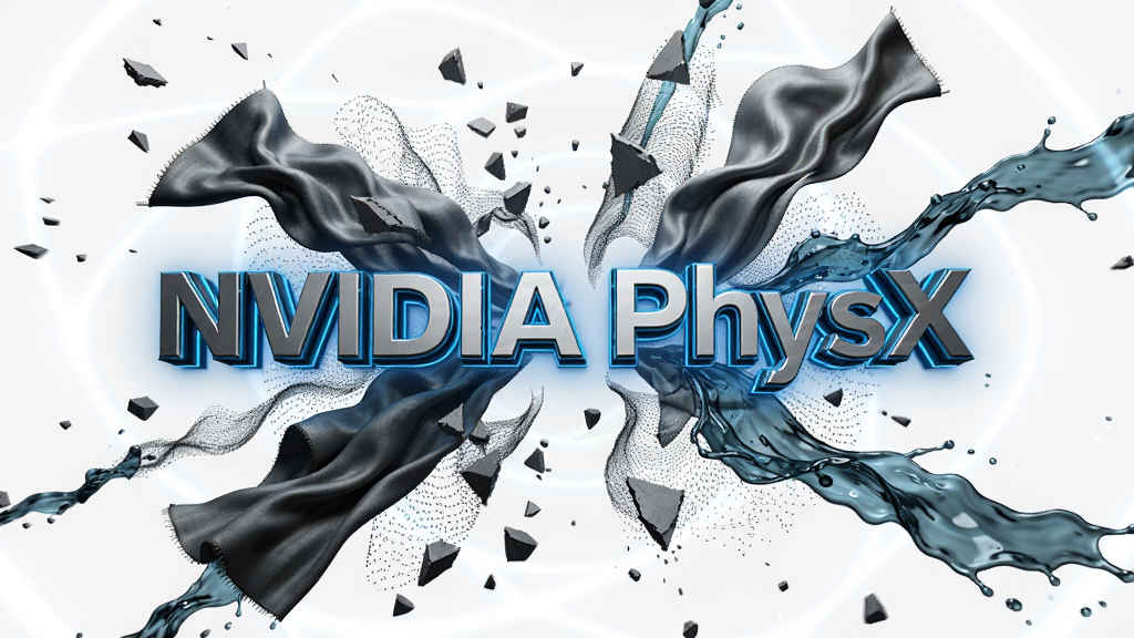 主体:NVIDIA PhysX 物理引擎的3D渲染场景,中央显示“NVIDIA PhysX”立体字标,周围环绕逼真的物理特效,如碎片飞溅、布料飘动、流体流淌。布局:字标居中,特效元素呈放射状分布,层次分明。排版:字标采用金属质感,带科技蓝光晕。风格:写实渲染,科技感强烈,光影细腻。细节:粒子系统细腻,物理碰撞效果清晰可见。画质:8K超清,干净背景,无多余元素。