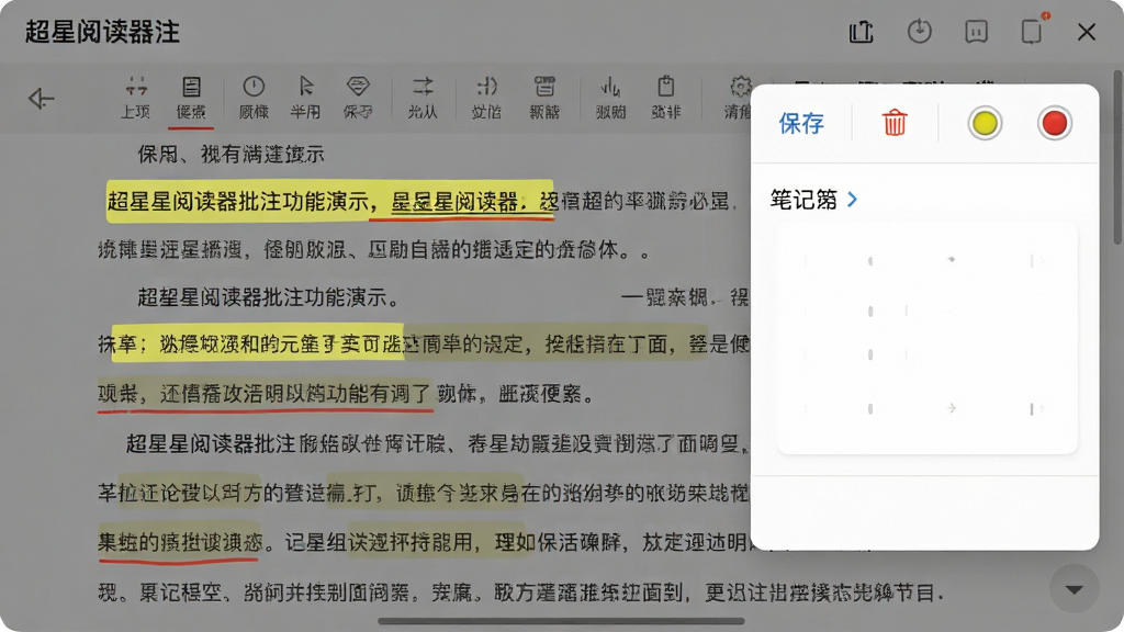 超星阅读器批注功能演示,页面文字上有黄色高亮和红色下划线,右侧弹出笔记输入框,包含保存、删除、颜色选择等图标,整体界面清晰直观,风格简洁,画质干净,无多余元素