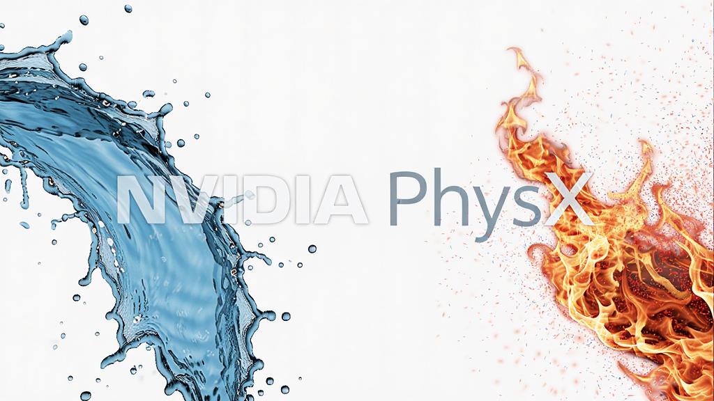 主体:流动的蓝色水流与红色火焰粒子特效,画面中央有“NVIDIA PhysX”水印。布局:左右对称,水流左侧,火焰右侧。排版:水印半透明居中。风格:超写实渲染,色彩鲜艳。细节:水流飞溅,火焰燃烧动态。画质:4K画质,干净背景,无多余元素。