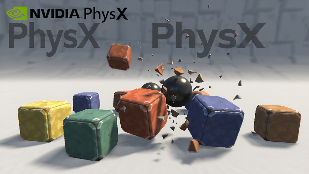 主体:游戏场景中多个刚体方块与球体碰撞,显示“NVIDIA PhysX”字样在左上角。布局:物体散落于地面,碰撞瞬间捕捉。排版:字标置于角落不干扰画面。风格:游戏引擎实时渲染风格,光影自然。细节:物体边缘有高光,碰撞碎片飞溅。画质:高清纹理,干净背景,无多余元素。