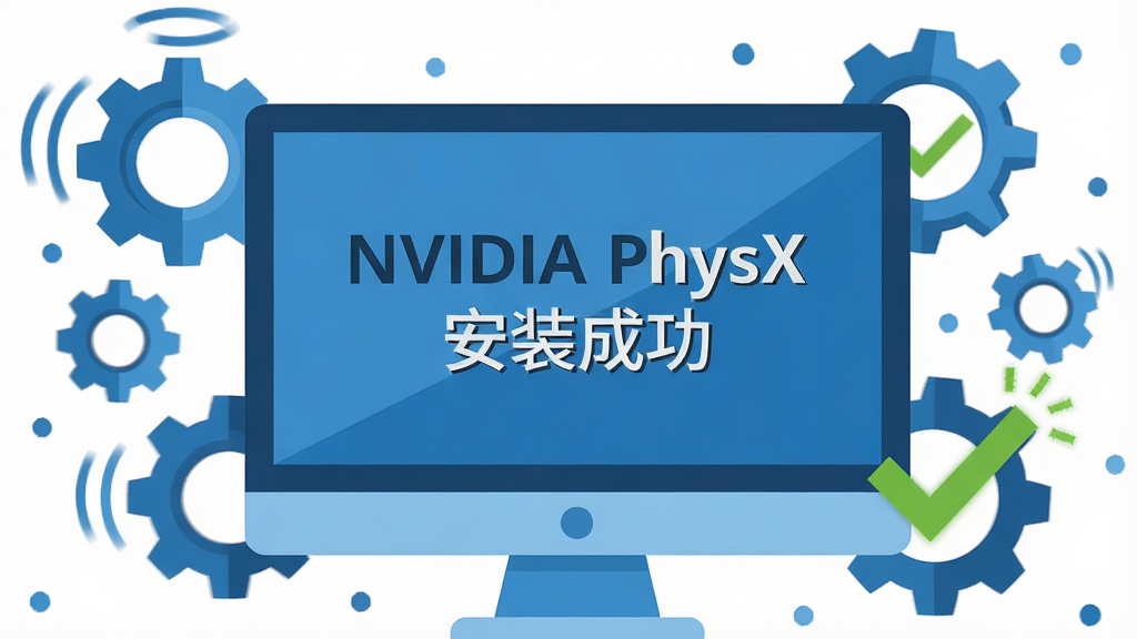 主体:电脑屏幕显示“NVIDIA PhysX安装成功”提示,周围有齿轮与对勾图标。布局:屏幕居中,装饰元素围绕。排版:提示文字居中,字体清晰。风格:扁平化设计,蓝色调。细节:齿轮旋转,对勾闪烁。画质:高清,干净背景,无多余元素。