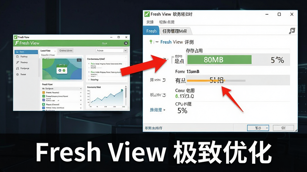 主体:Fresh View 软件运行时的任务管理器截图,显示内存占用仅80MB,CPU占用低于5%。布局:任务管理器窗口置于右侧,左侧为Fresh View主界面缩略图。排版:对比鲜明,突出轻量级特性。风格:专业评测风格,数据清晰。细节:红色箭头指向占用数据,底部标注“Fresh View 极致优化”。画质:高清,干净,无多余元素。
