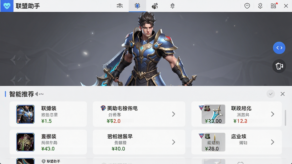 一张功能演示图,主体是“联盟助手”智能出装界面,布局为上下结构,上方是英雄3D模型,下方是装备购买推荐列表,排版清晰有序,风格写实,细节展示装备名称和价格,画质高清,干净无多余元素