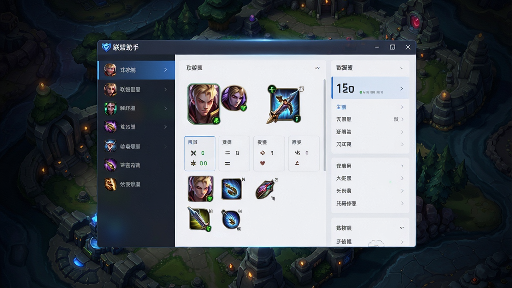 一张高清产品展示图,主体是“联盟助手”软件界面悬浮在深邃的召唤师峡谷地图背景之上,布局为左侧功能列表右侧数据面板,排版简洁大气,风格现代科技感,细节包含英雄头像和装备图标,画质细腻光影通透,干净无多余元素
