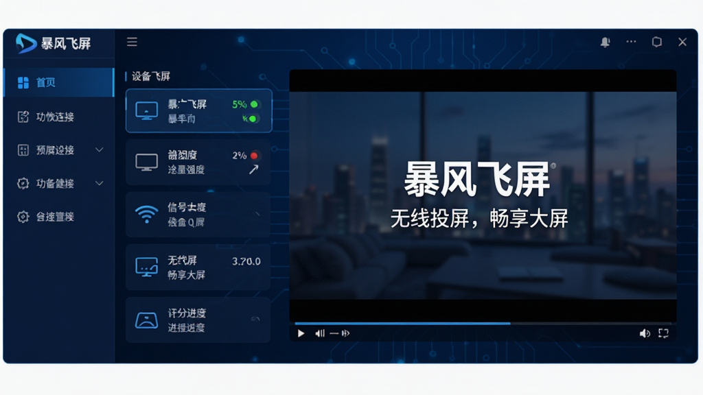 主体:暴风飞屏电脑端软件主界面展示,包含设备连接列表与投屏预览窗口。布局:左侧为功能导航栏,右侧为投屏画面预览区域,整体采用深蓝色科技风格。排版:界面元素整齐排列,功能图标清晰可见,状态指示明确。风格:现代简约,符合专业软件气质。细节:连接设备名称、信号强度、播放进度等数据直观呈现,画面中显示“暴风飞屏”品牌标识与“无线投屏,畅享大屏”字样。画质:高清渲染,干净,无多余元素。