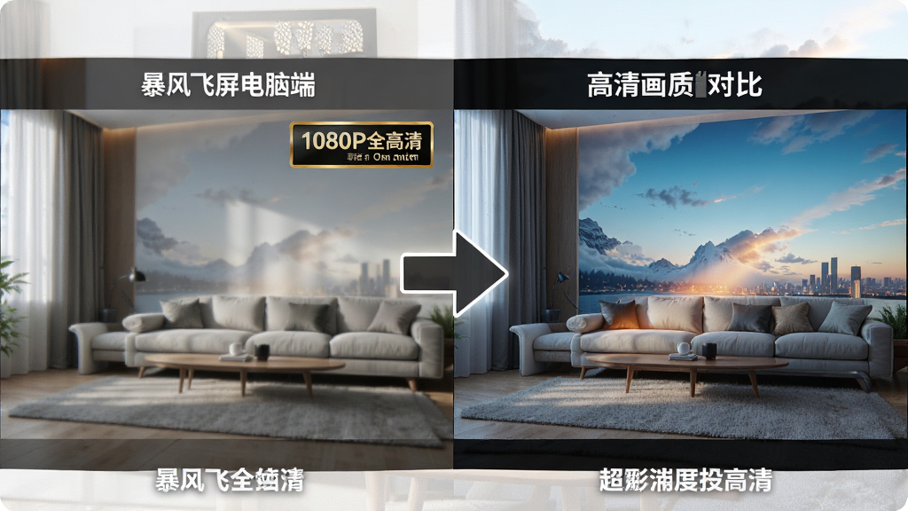 主体:暴风飞屏电脑端高清画质对比图,左边为原始画面,右边为投屏画面。布局:左右分屏对比,中间以箭头连接。排版:对比效果直观,画面细节清晰。风格:写实风格,强调画质细腻度。细节:标注“1080P全高清”字样,投屏画面无色彩失真,细节丰富。画质:超高清,干净,无多余元素。