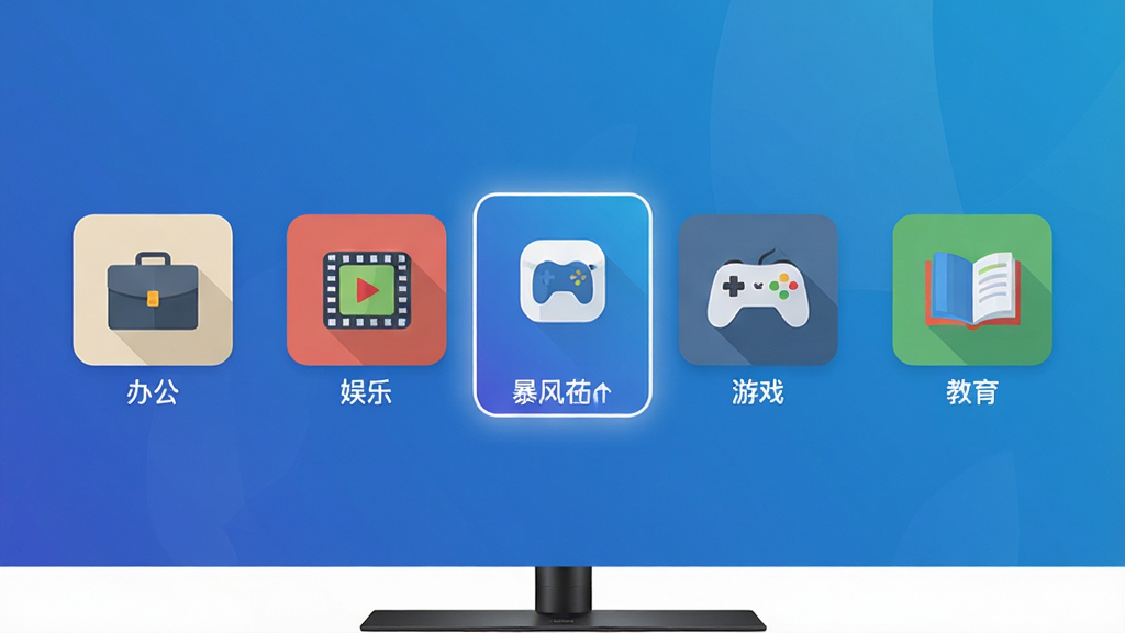主体:暴风飞屏电脑端场景模式切换界面,展示办公、娱乐、游戏、教育四个模式图标。布局:四个图标横向排列,中央为当前模式高亮显示。排版:图标简洁明了,文字标签清晰。风格:扁平化设计,色彩区分明显。细节:每个图标配以代表元素,如公文包、电影、游戏手柄、书本,背景为渐变蓝。画质:高清,干净,无多余元素。